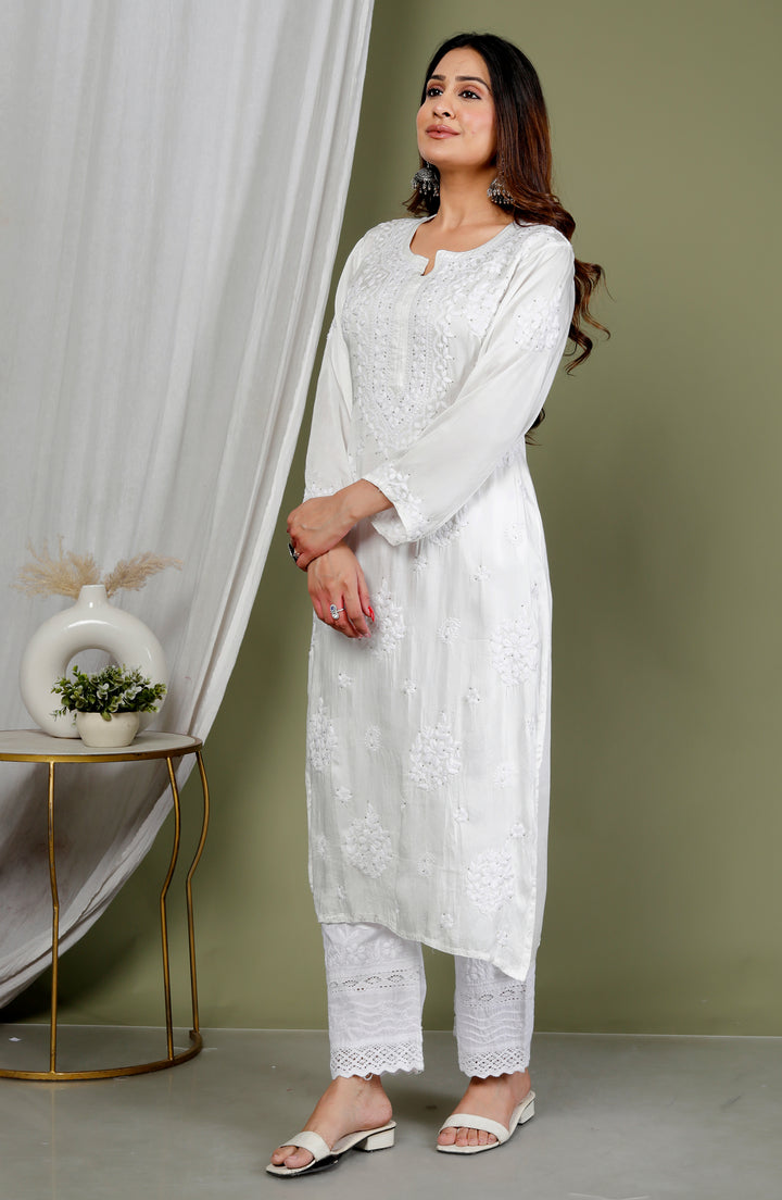 Shabana White Muslin Chikankari Long Kurti