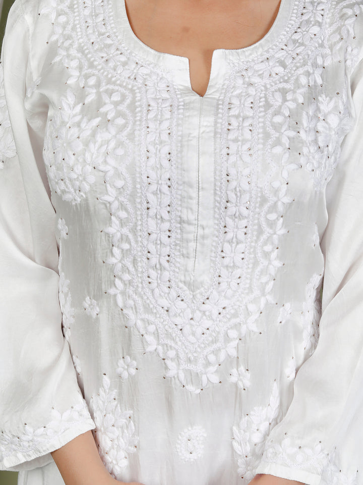 Shabana White Muslin Chikankari Long Kurti