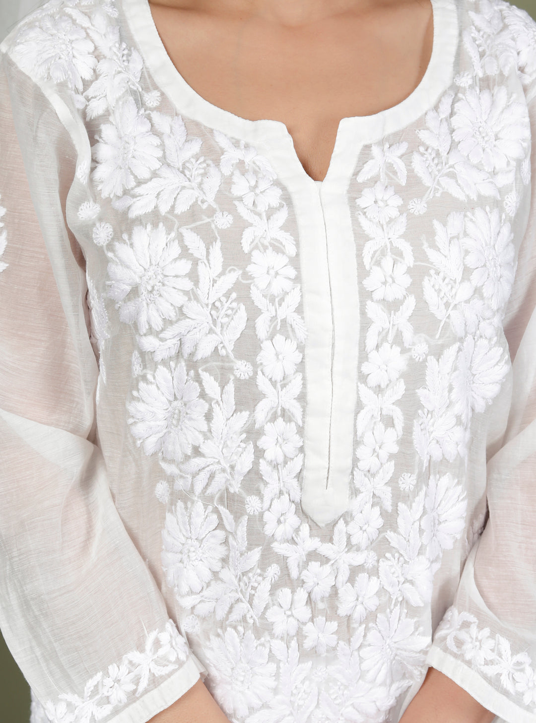 MAHREEN WHITE CHIKANKARI MUL CHANDERI LONG KURTI