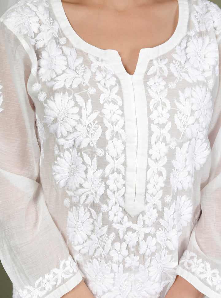 MAHREEN WHITE CHIKANKARI MUL CHANDERI LONG KURTI