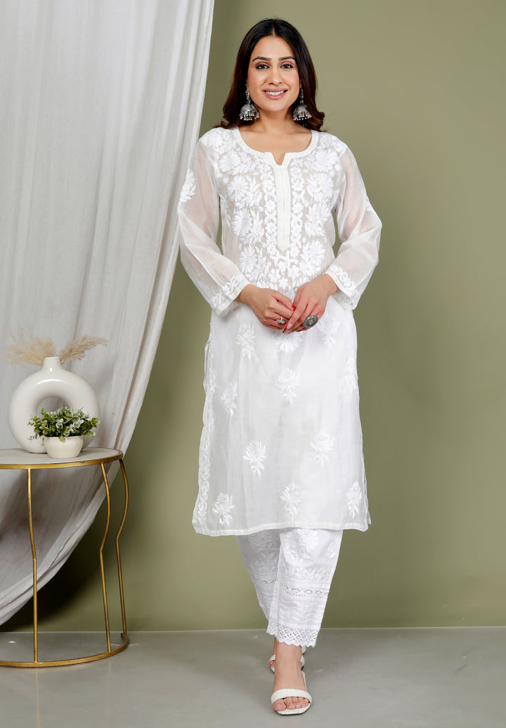 MAHREEN WHITE CHIKANKARI MUL CHANDERI LONG KURTI