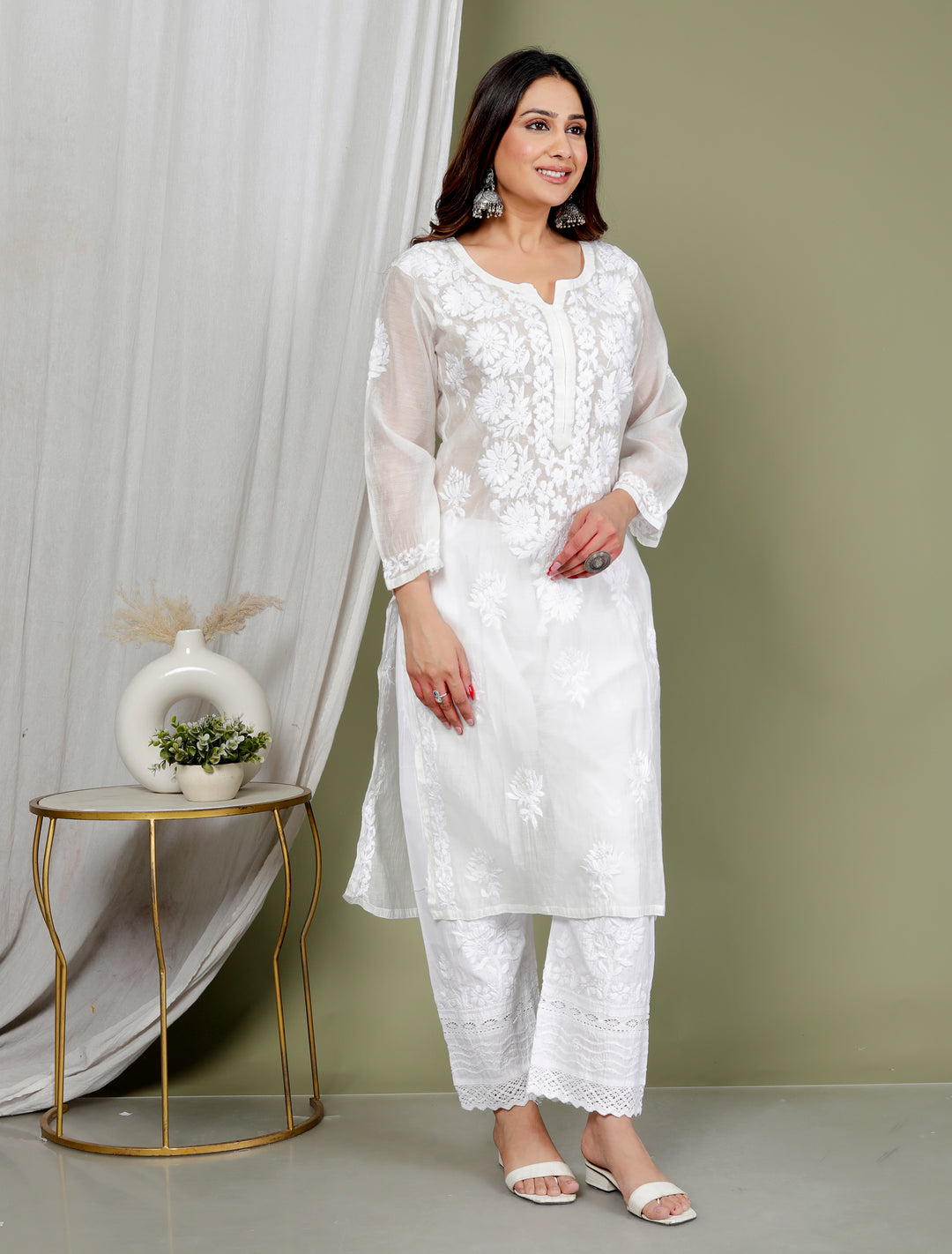 MAHREEN WHITE CHIKANKARI MUL CHANDERI LONG KURTI