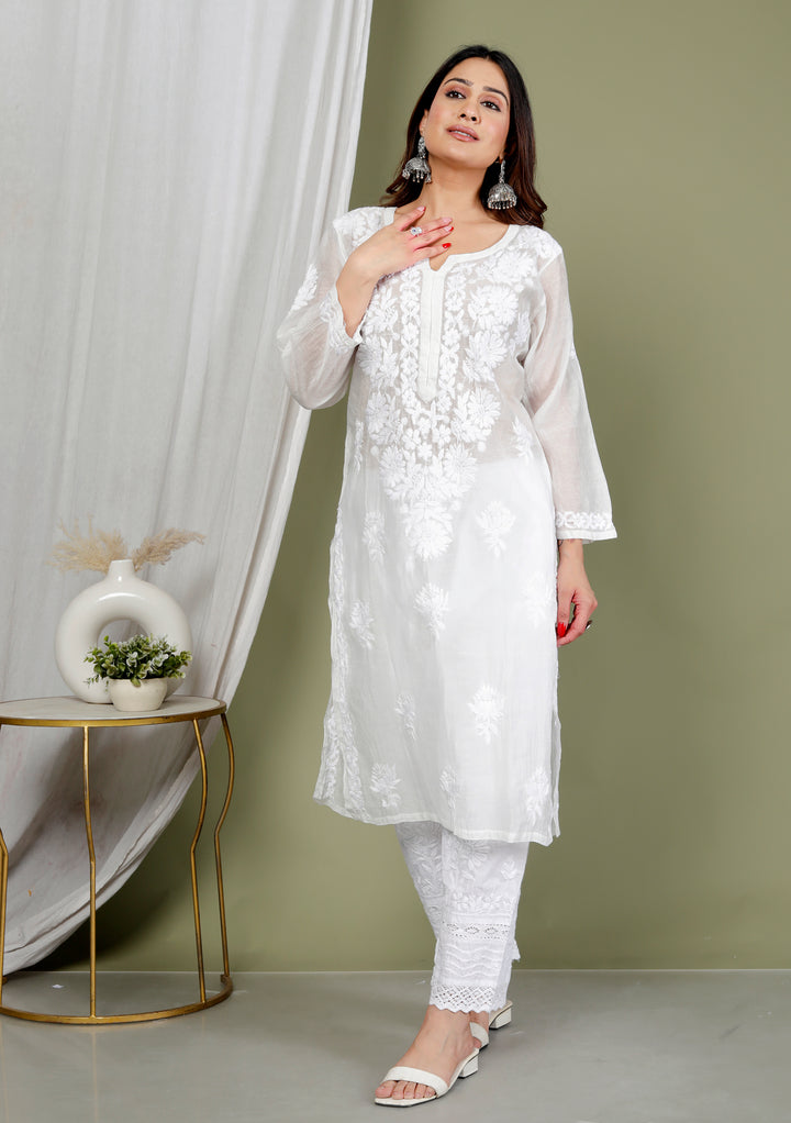 MAHREEN WHITE CHIKANKARI MUL CHANDERI LONG KURTI