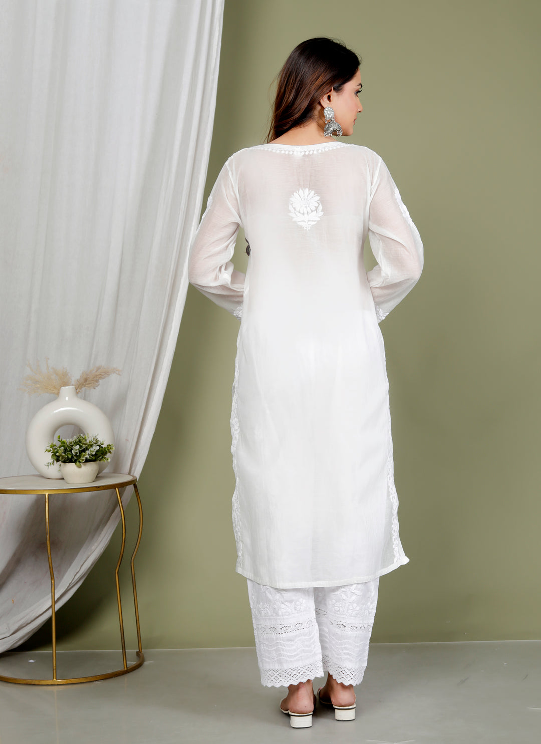 MAHREEN WHITE CHIKANKARI MUL CHANDERI LONG KURTI