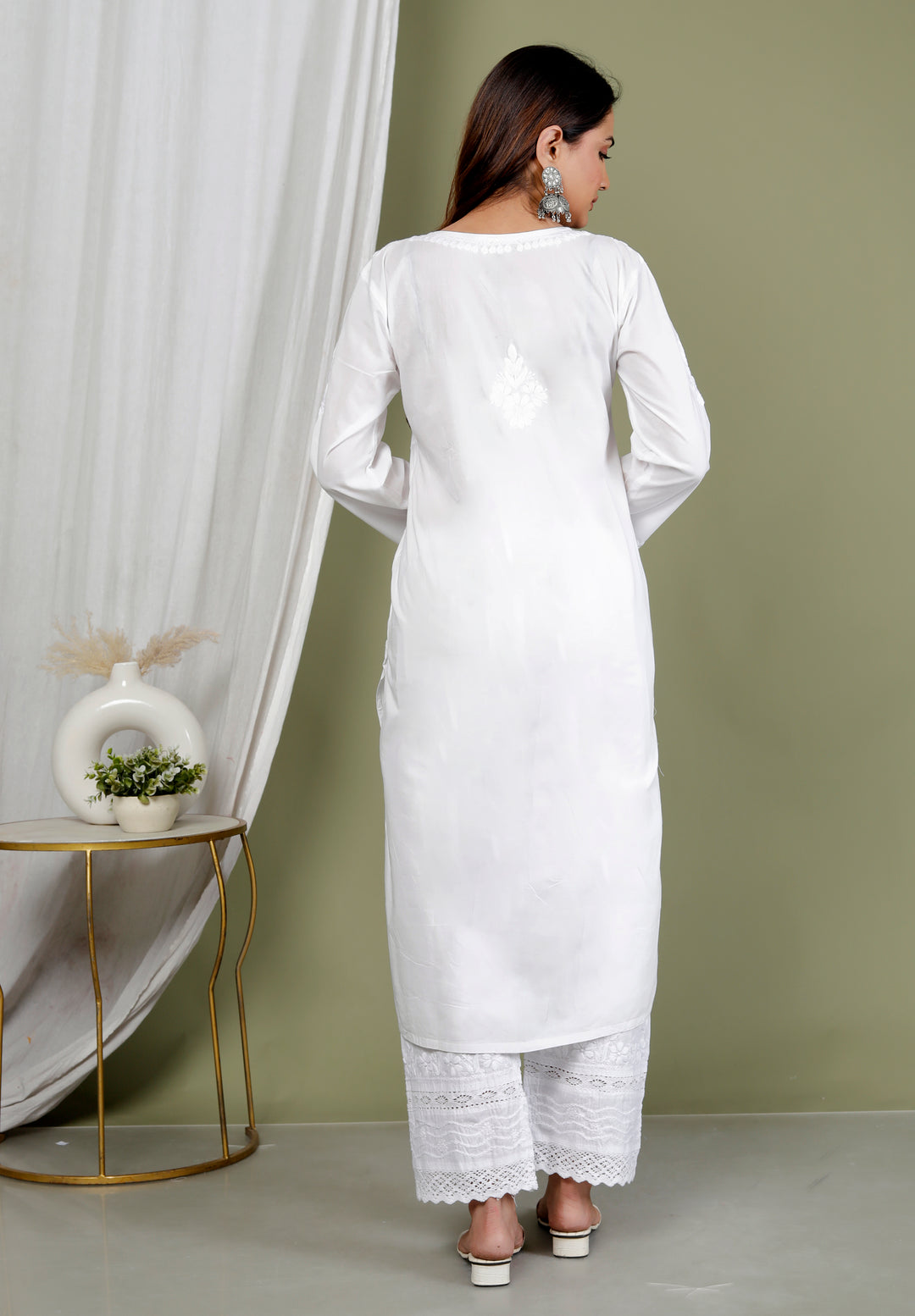 RAHA WHITE COTTON CHIKANKARI LONG KURTI