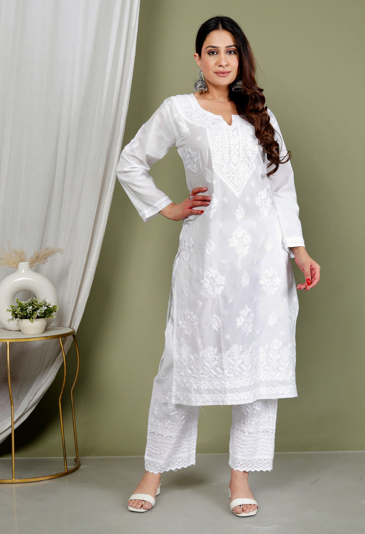 RAHA WHITE COTTON CHIKANKARI LONG KURTI