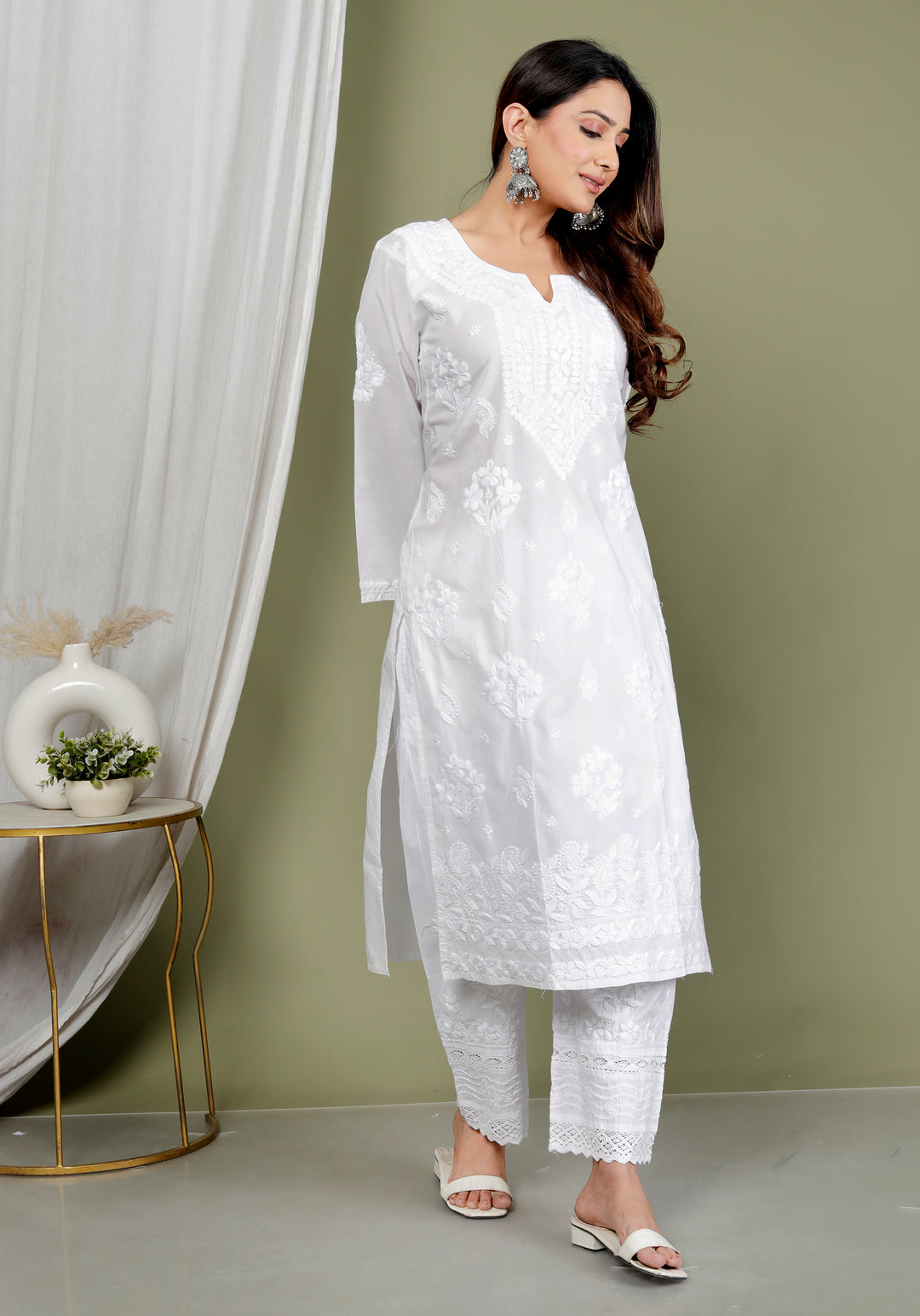 RAHA WHITE COTTON CHIKANKARI LONG KURTI