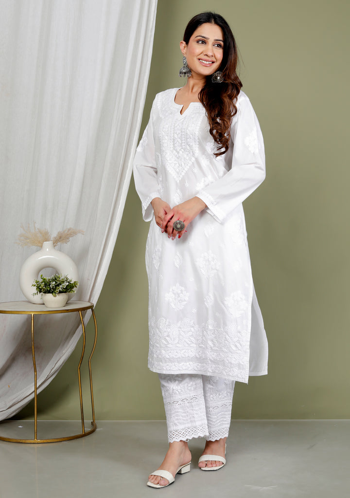 RAHA WHITE COTTON CHIKANKARI LONG KURTI