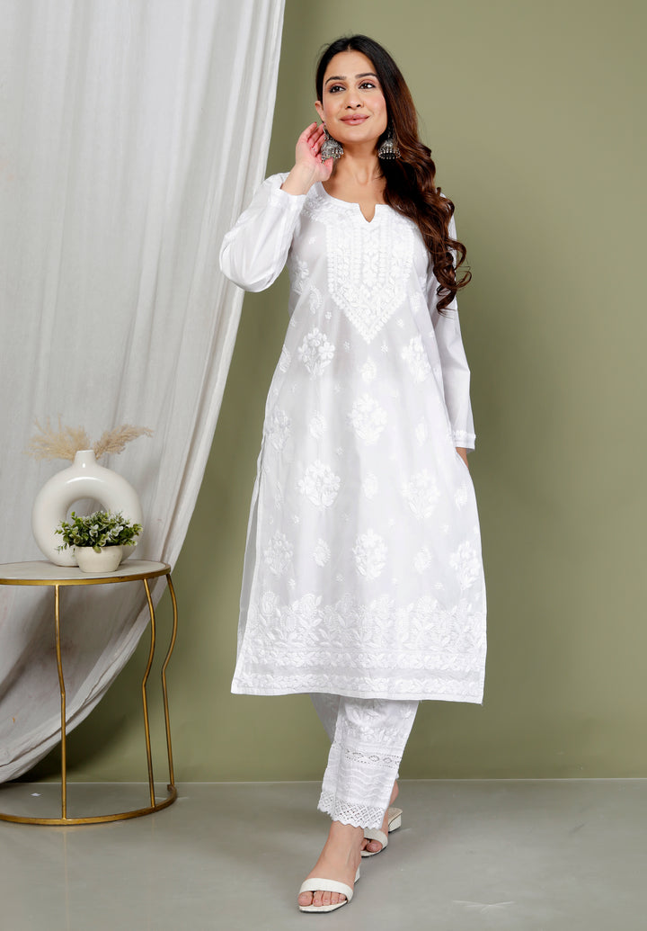 RAHA WHITE COTTON CHIKANKARI LONG KURTI