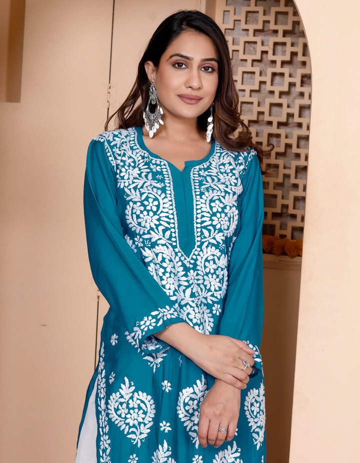 SAIRA MUSLIN CHIKANKARI LONG KURTI