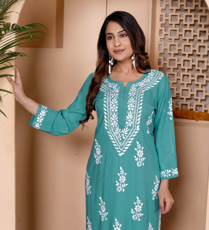 LAVANYA RAYON CHIKANKARI LONG KURTI