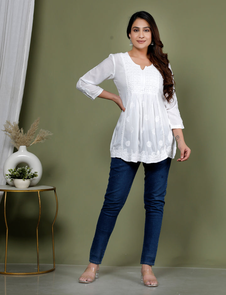 NITYA COTTON CHIKANKARI SHORT TOP