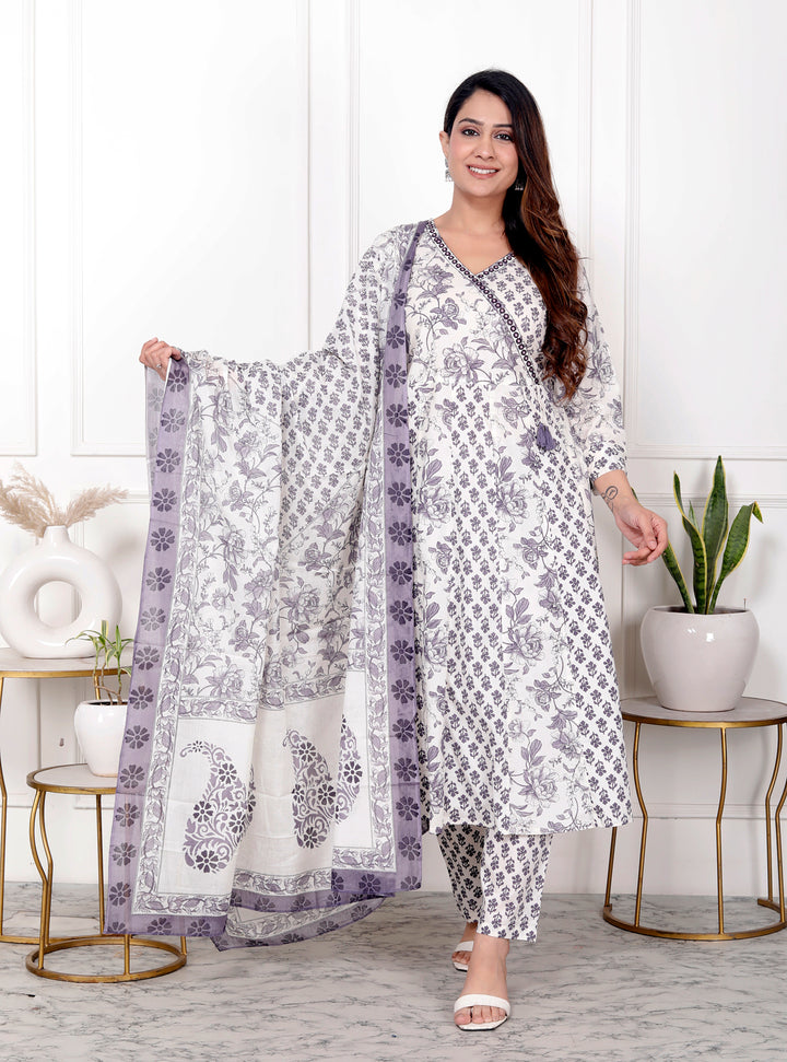 PIHU COTTON PRINTED DUPATTA SET - PURPLE