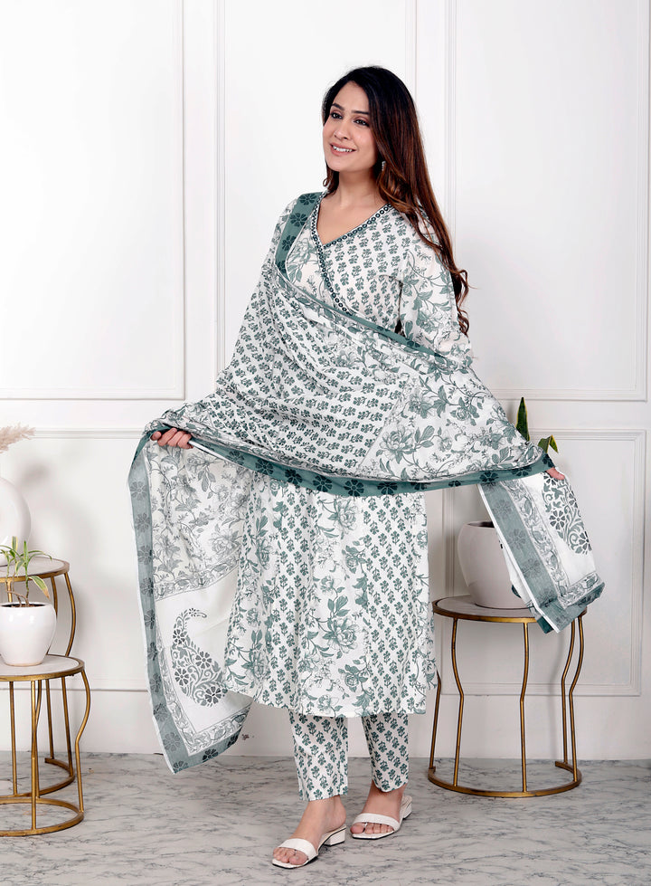 PIHU COTTON PRINTED DUPATTA SET - GREEN