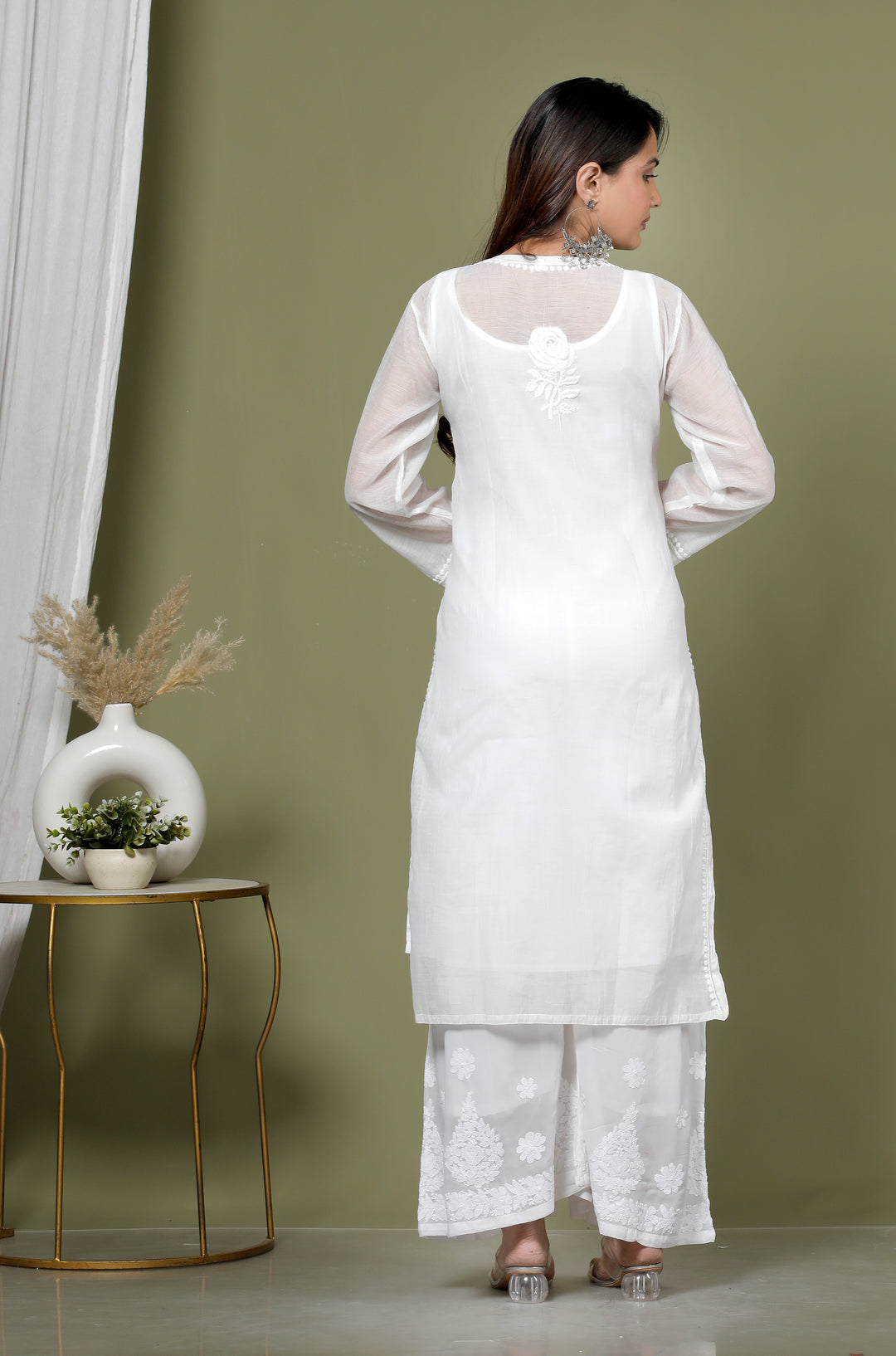 RUHANI MUL CHANDERI CHIKANKARI LONG KURTI