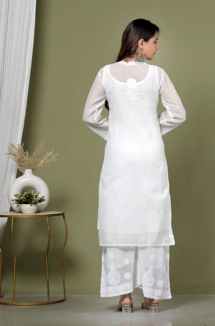 RUHANI MUL CHANDERI CHIKANKARI LONG KURTI
