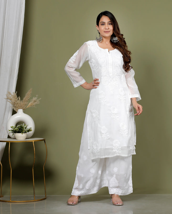 RUHANI MUL CHANDERI CHIKANKARI LONG KURTI