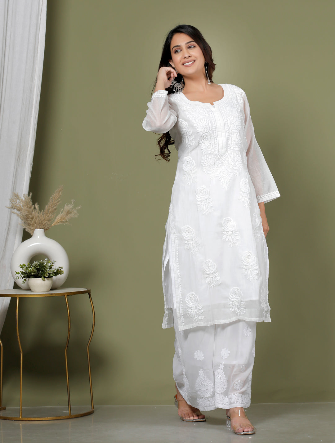RUHANI MUL CHANDERI CHIKANKARI LONG KURTI