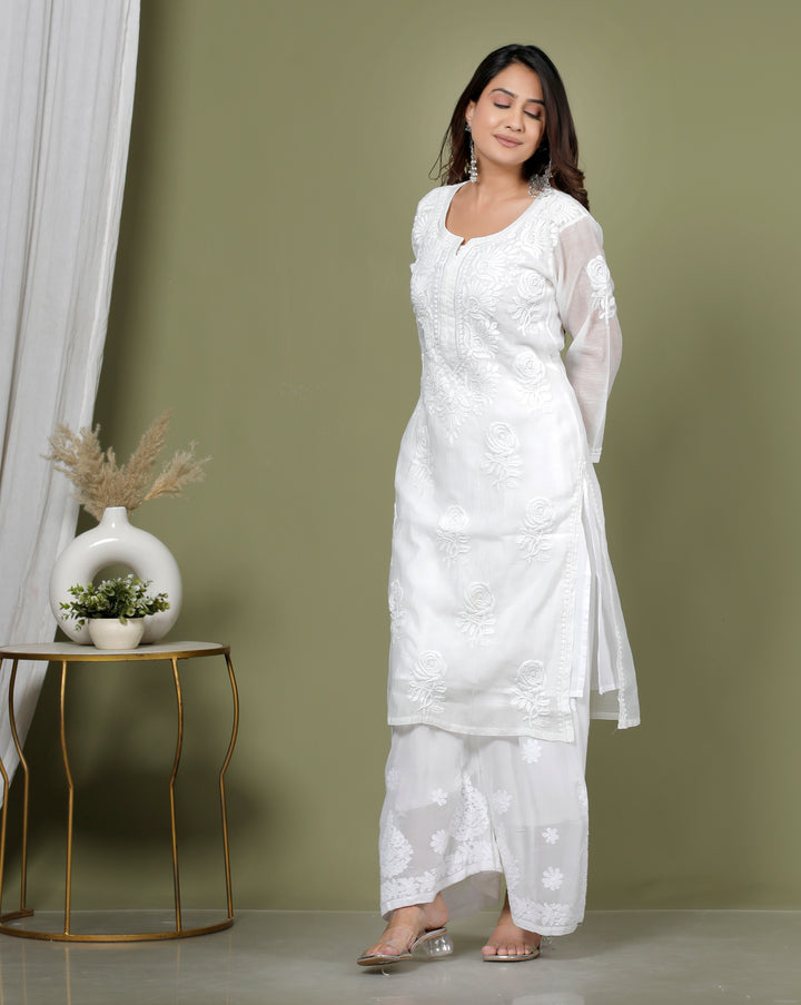 RUHANI MUL CHANDERI CHIKANKARI LONG KURTI