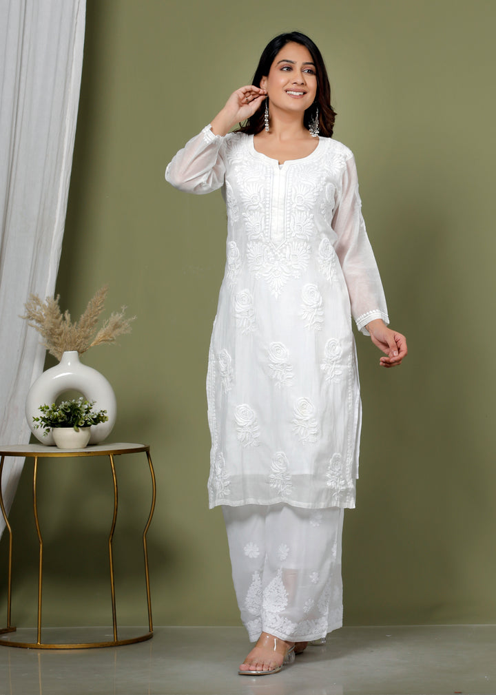 RUHANI MUL CHANDERI CHIKANKARI LONG KURTI