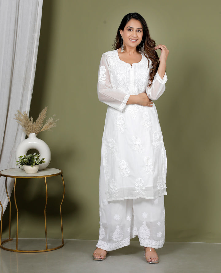RUHANI MUL CHANDERI CHIKANKARI LONG KURTI