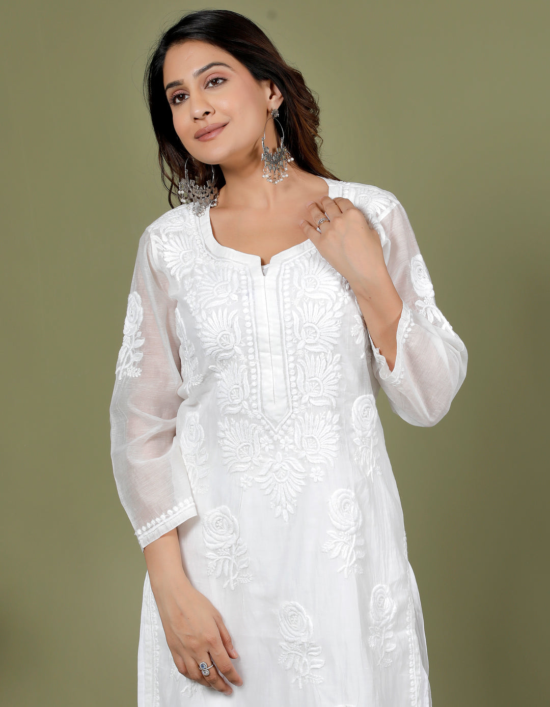 RUHANI MUL CHANDERI CHIKANKARI LONG KURTI