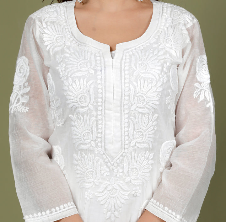 RUHANI MUL CHANDERI CHIKANKARI LONG KURTI