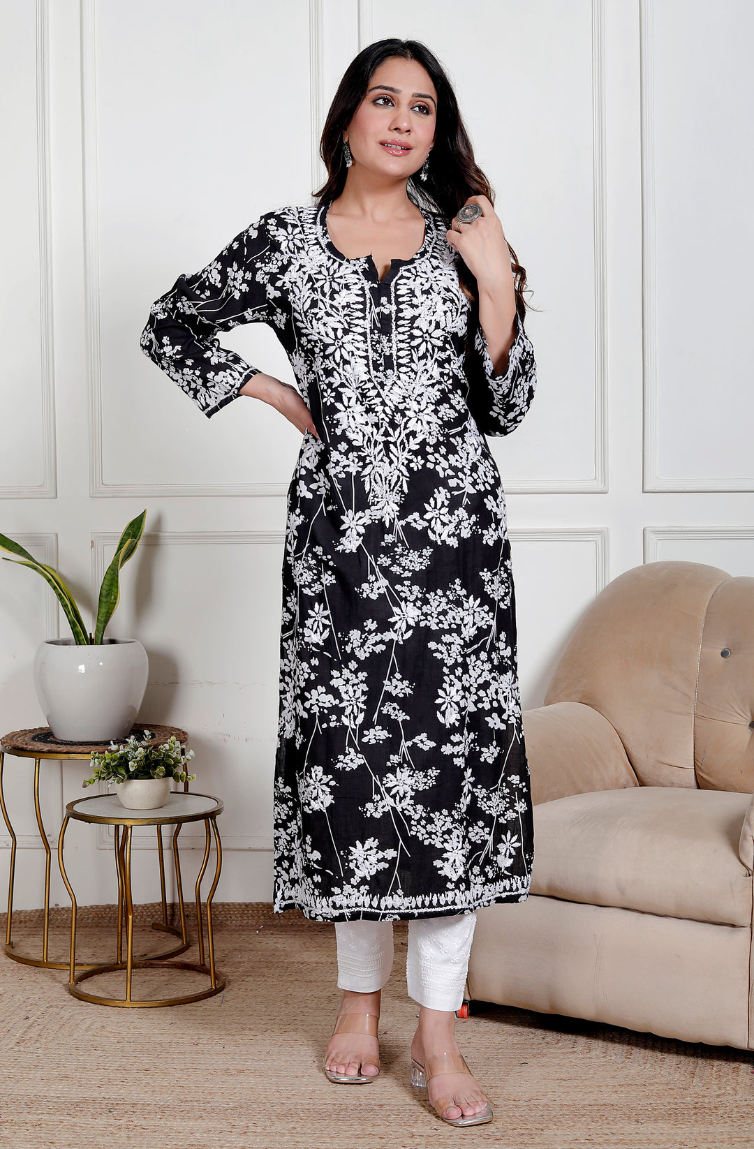 GULNAR MUL COTTON CHIKANKARI LONG KURTI