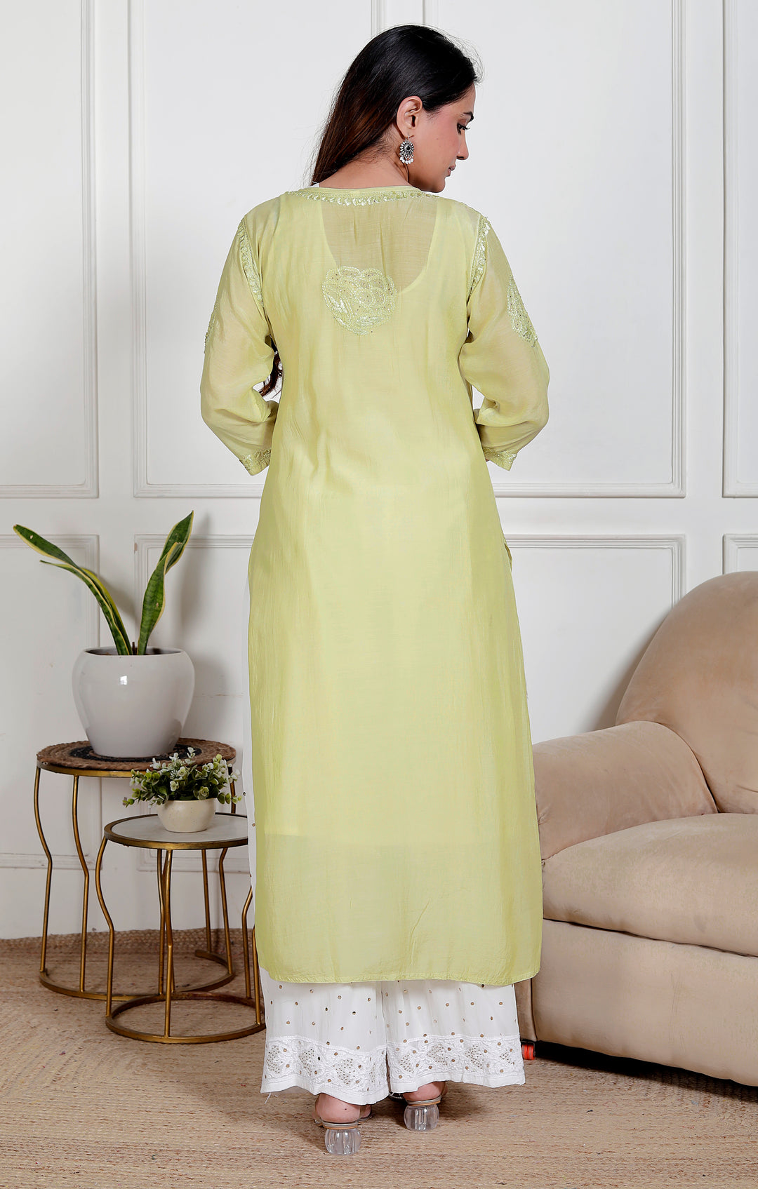 Amreen Muslin Chikankari Long Kurti Green