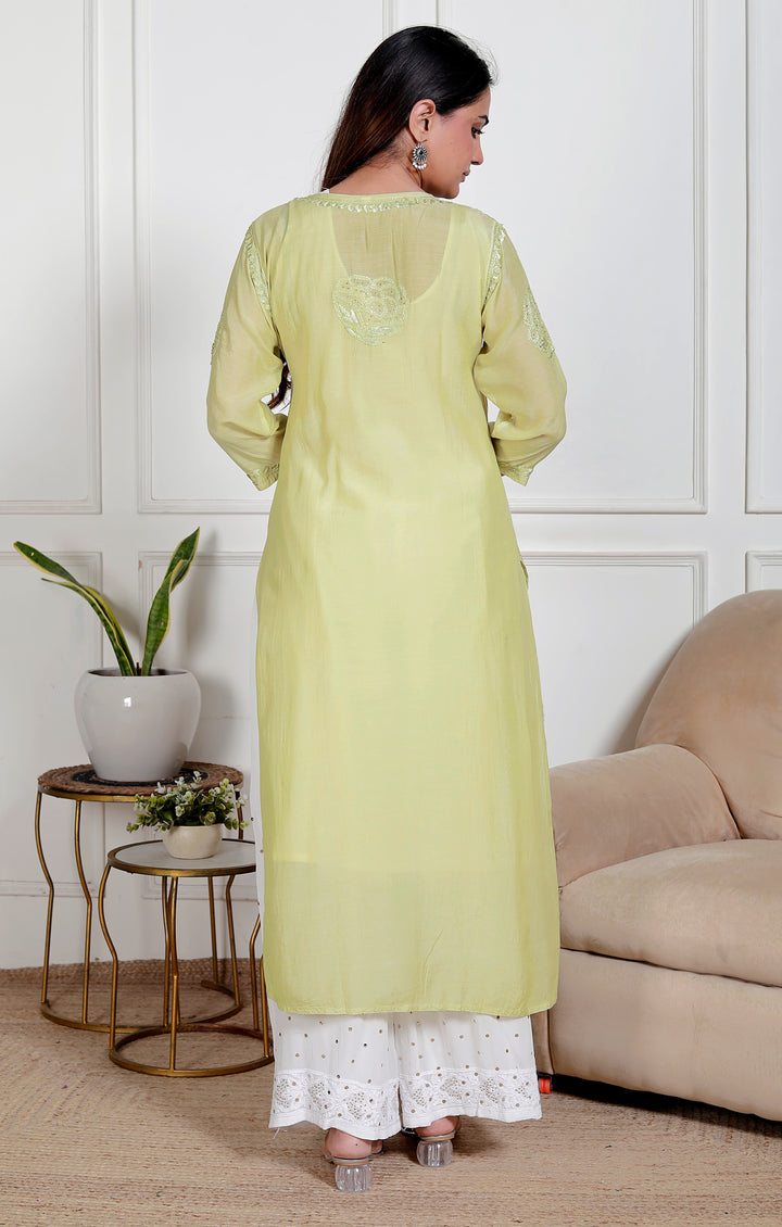 Amreen Muslin Chikankari Long Kurti Green