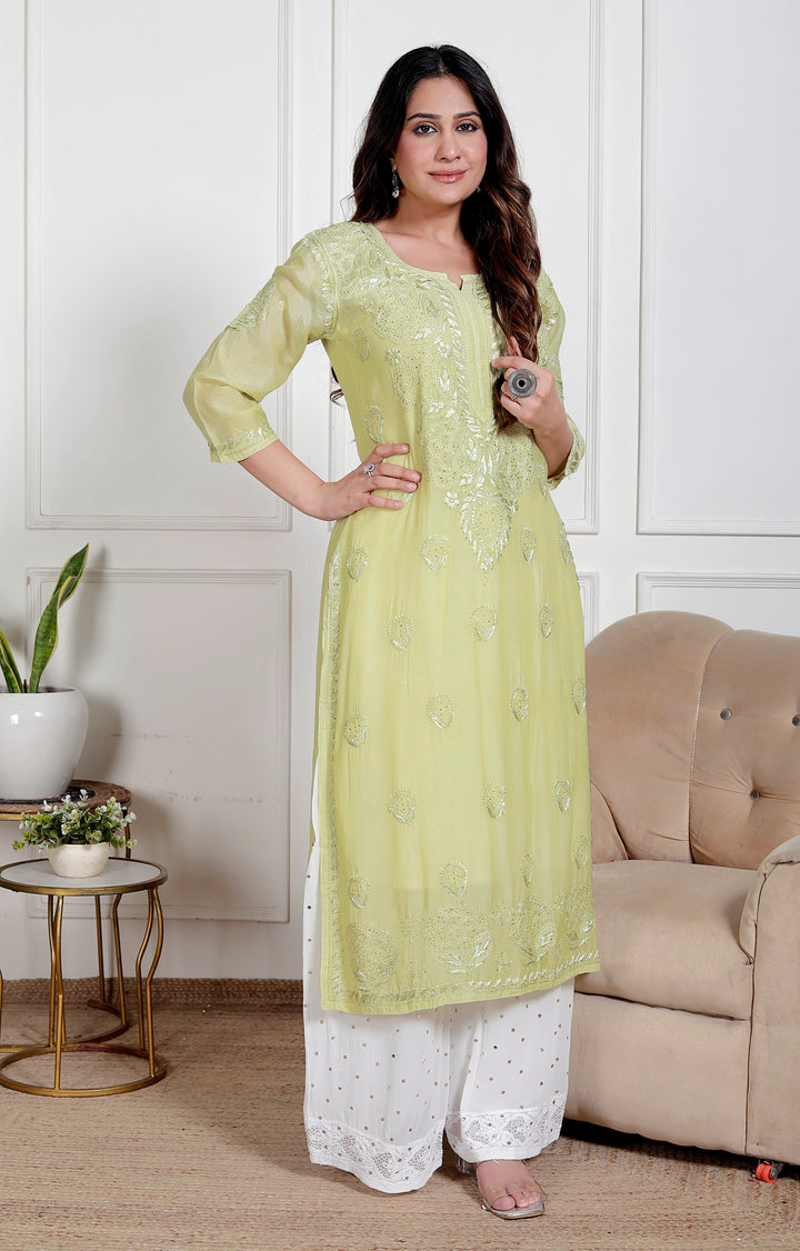 Amreen Muslin Chikankari Long Kurti Green