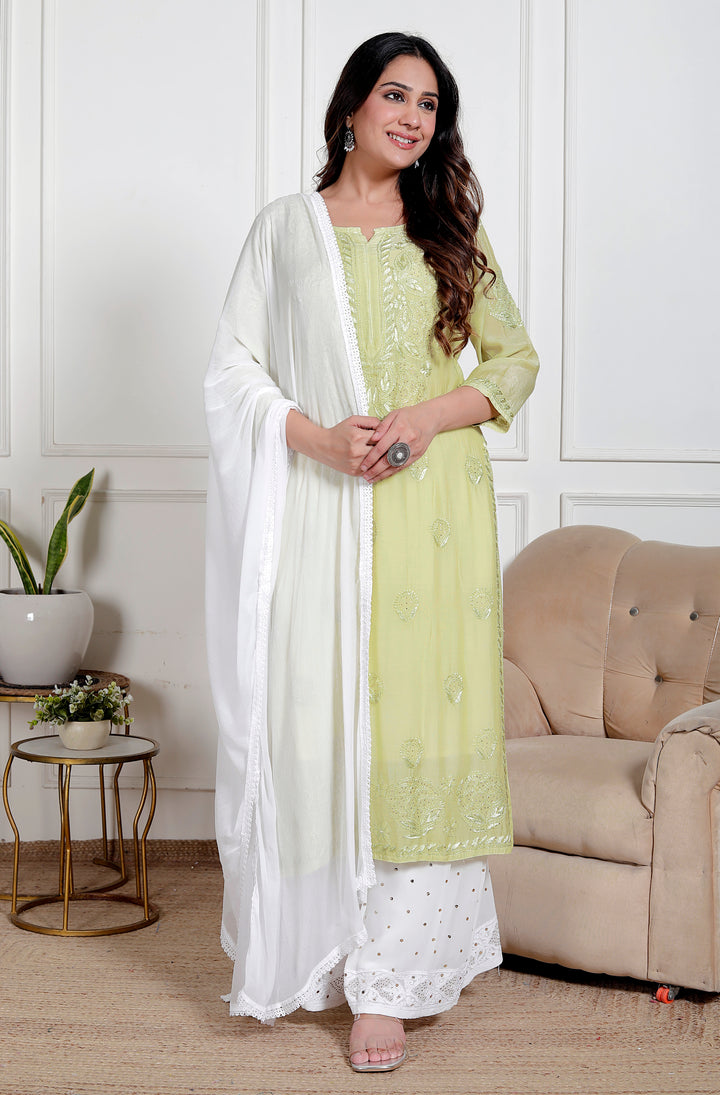 Amreen Muslin Chikankari Long Kurti Green