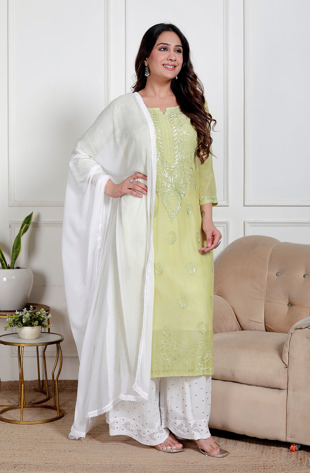 Amreen Muslin Chikankari Long Kurti Green