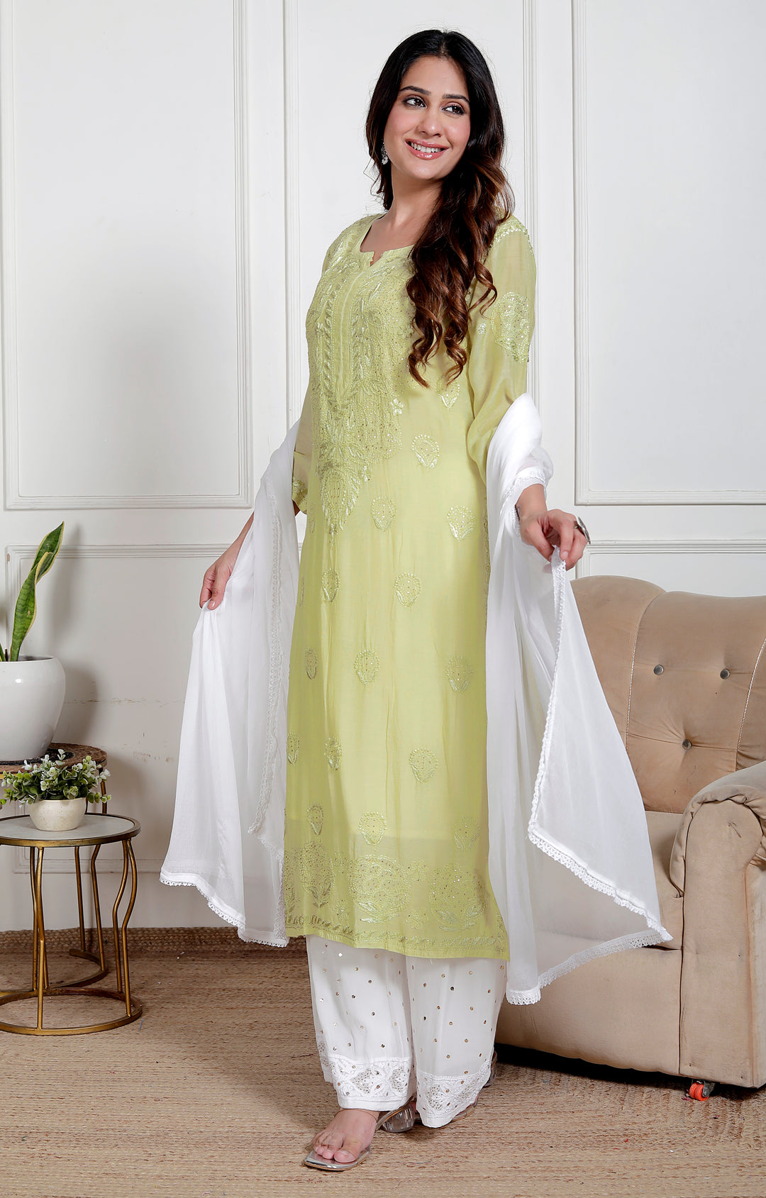 Amreen Muslin Chikankari Long Kurti Green