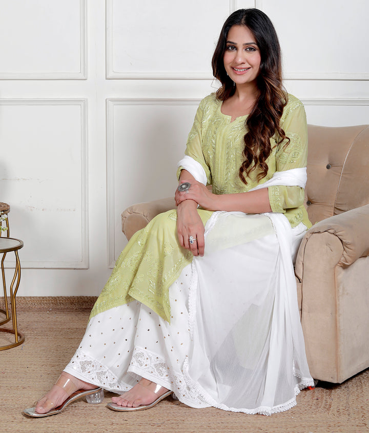 Amreen Muslin Chikankari Long Kurti Green