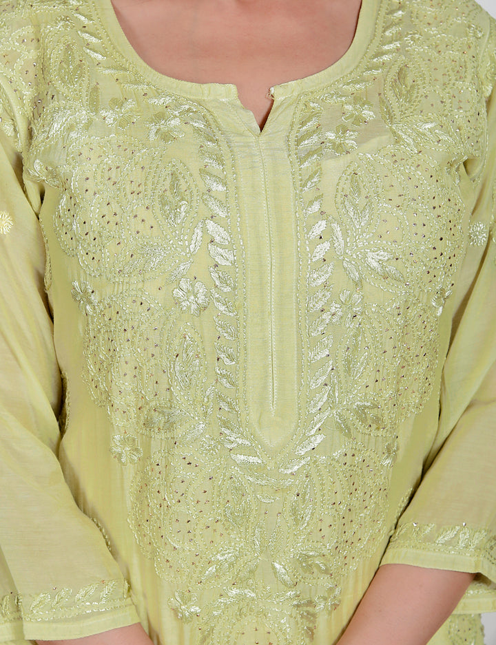 Amreen Muslin Chikankari Long Kurti Green