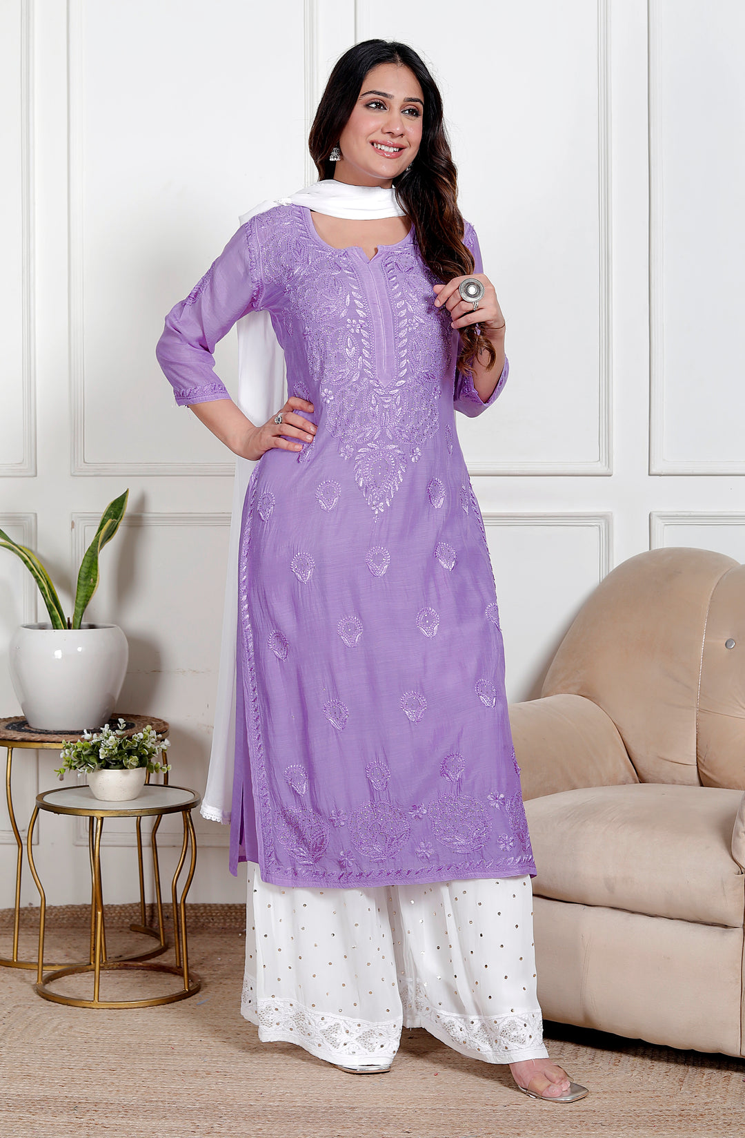 Amreen Muslin Chikankari Long Kurti