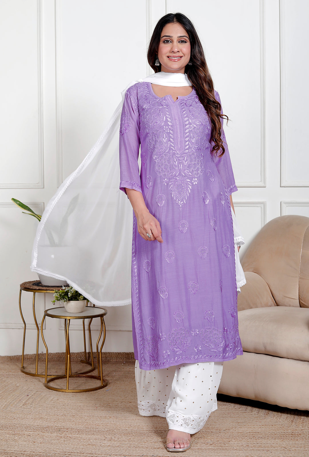 Amreen Muslin Chikankari Long Kurti