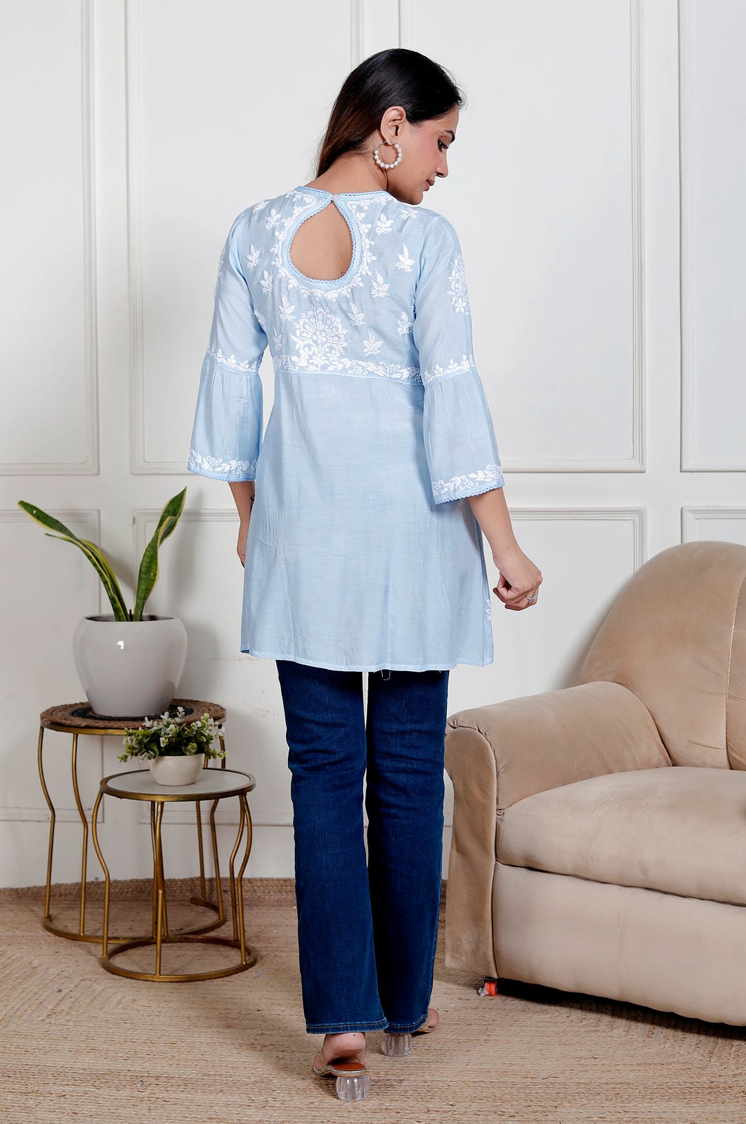 Anya Muslin Chikankari Short Top Blue