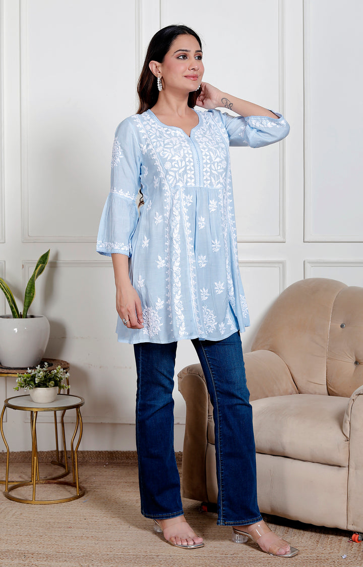 Anya Muslin Chikankari Short Top Blue