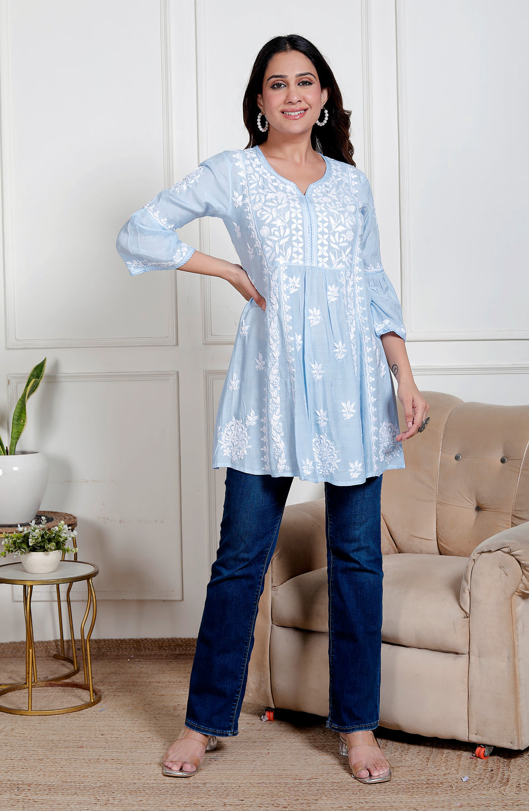 Anya Muslin Chikankari Short Top Blue