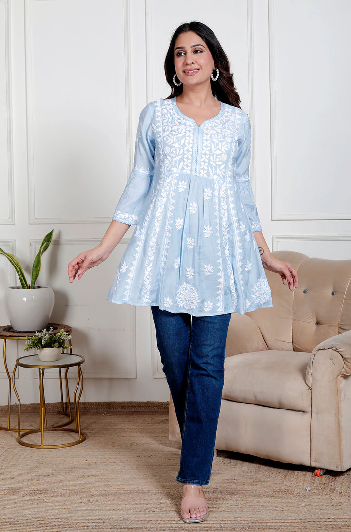Anya Muslin Chikankari Short Top Blue