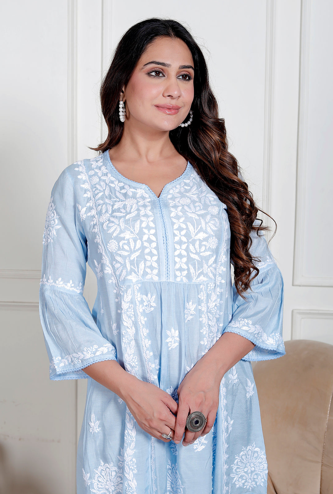 Anya Muslin Chikankari Short Top Blue