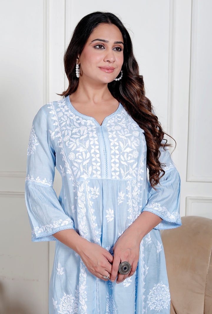 Anya Muslin Chikankari Short Top Blue