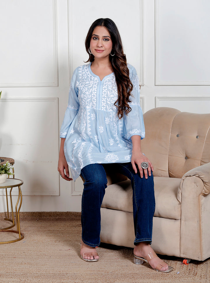 Anya Muslin Chikankari Short Top Blue