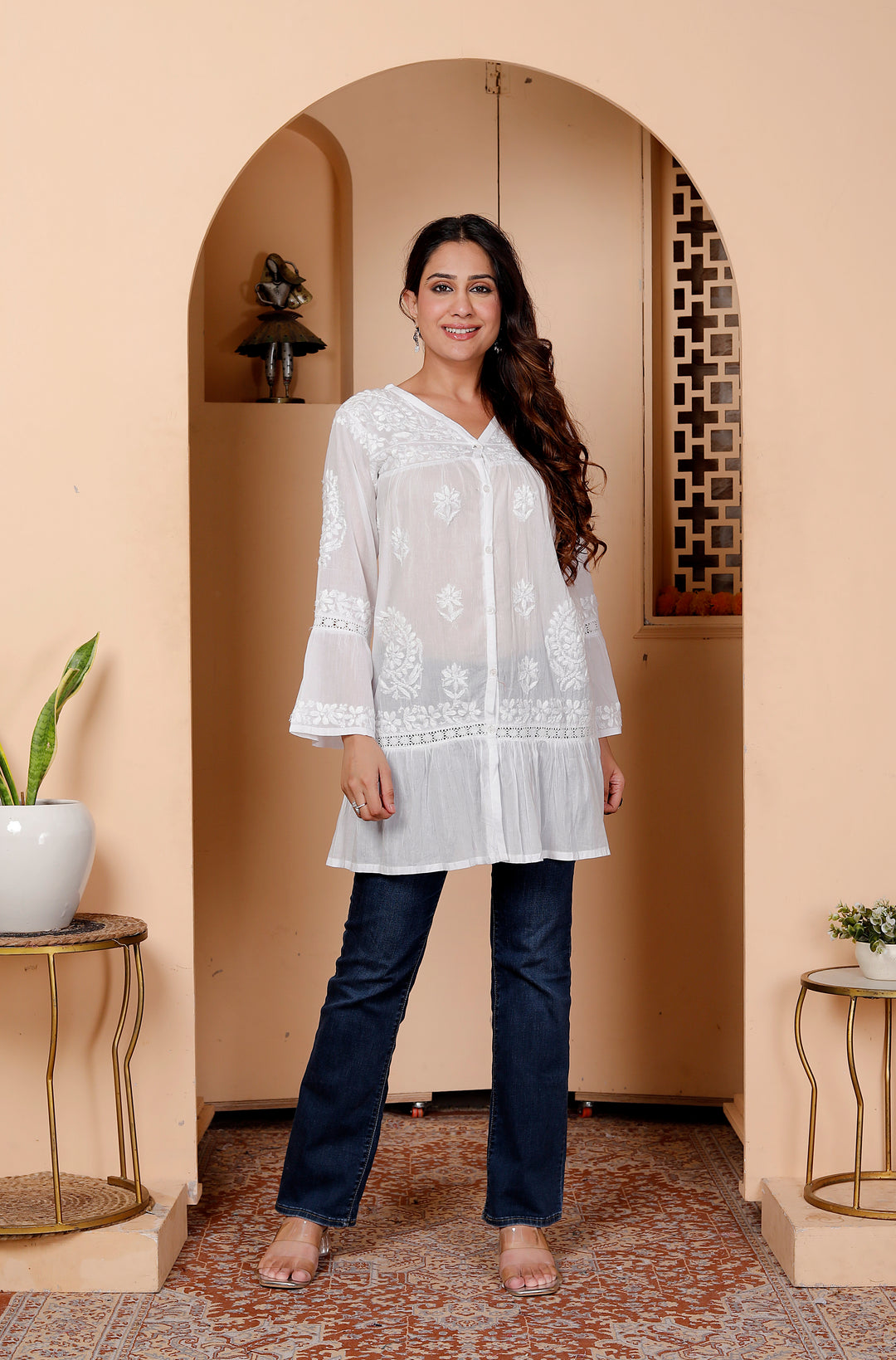 Anisa Cotton Chikankari Frill Top White