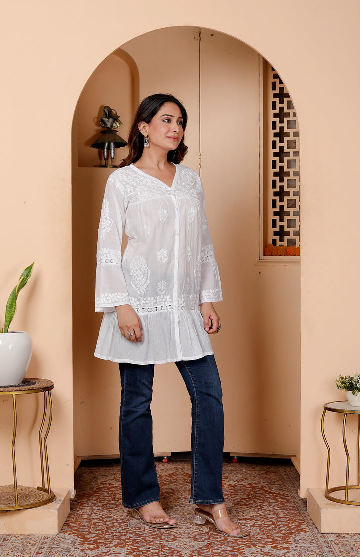 Anisa Cotton Chikankari Frill Top White