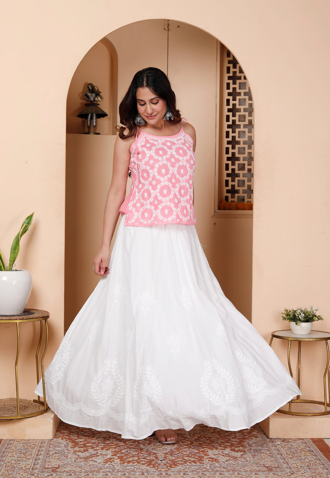 Khushi White Cotton chikankari Skirt