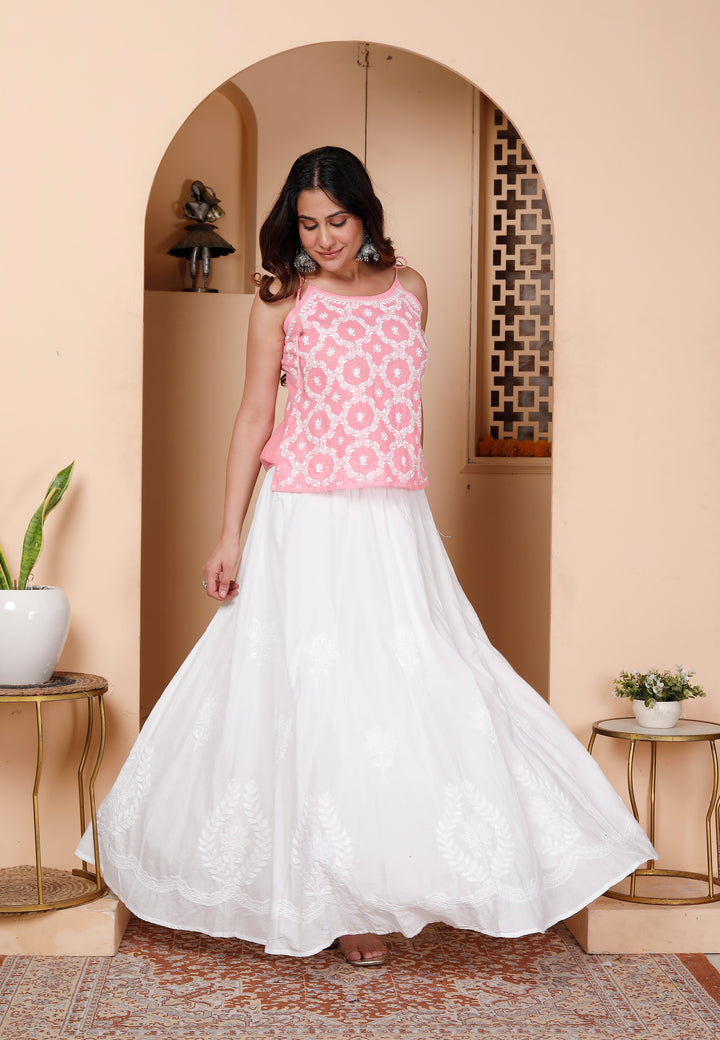 Khushi White Cotton chikankari Skirt