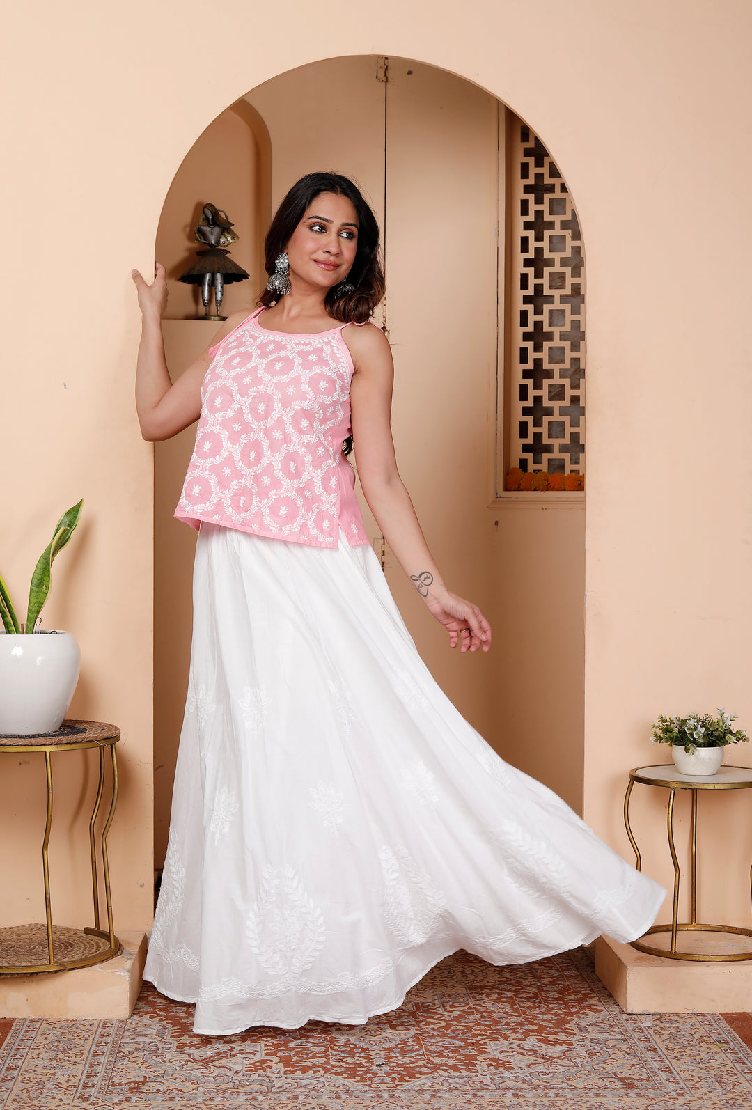 Khushi White Cotton chikankari Skirt